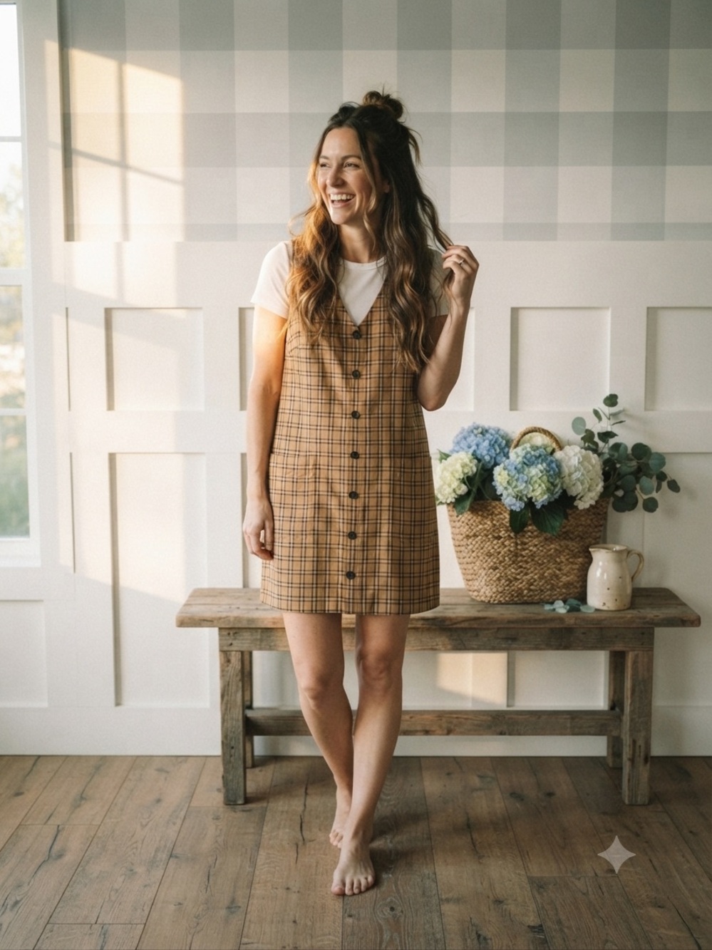 LOFT Tan Plaid Button-Front Midi Dress 12